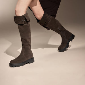 Brown Buttons Under Knee Slouchy Chunky Boots