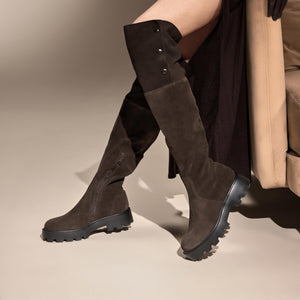 Brown Buttons Under Knee Slouchy Chunky Boots