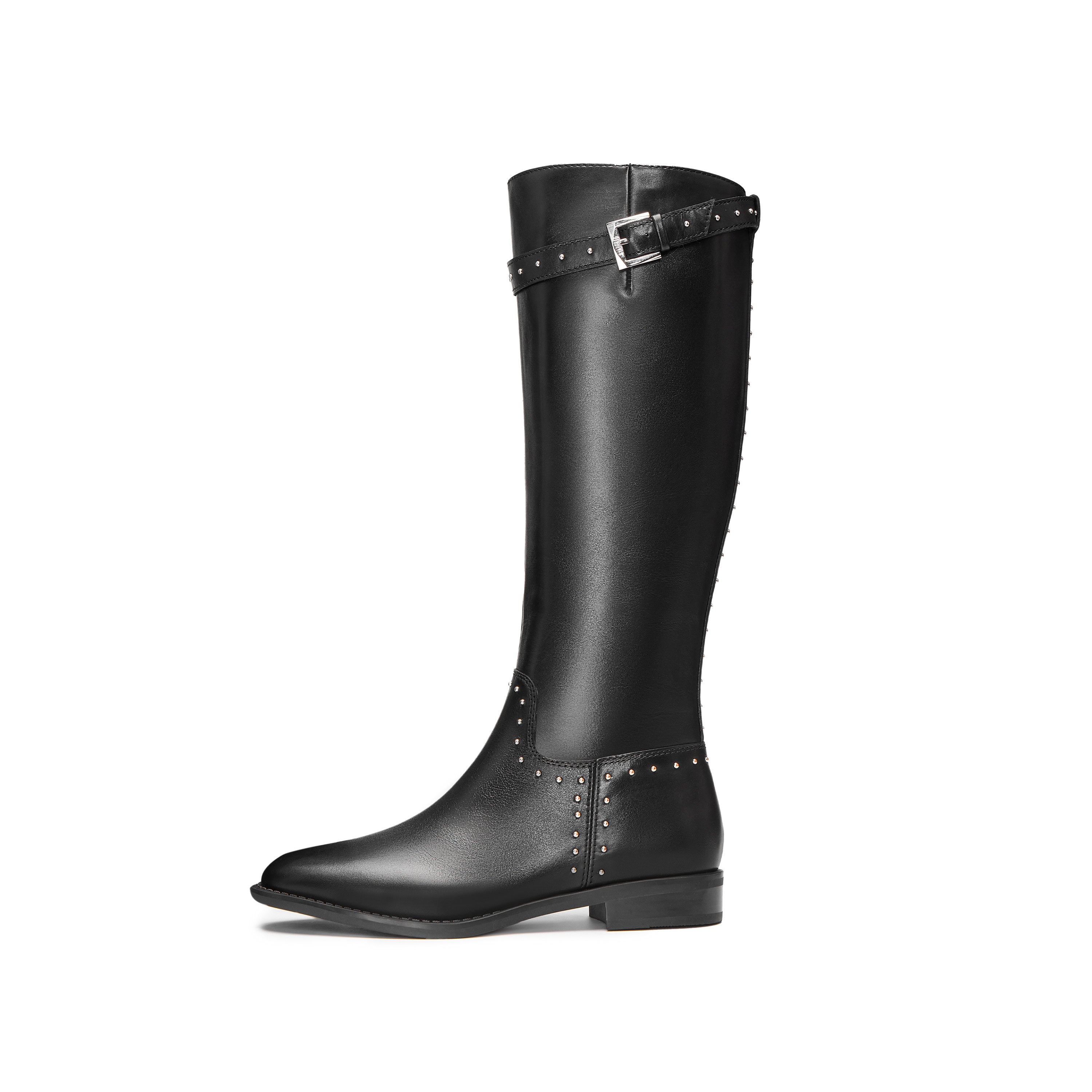 Black Leather Studs Strap High Knee Riding Boots