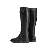 Black Leather Studs Strap High Knee Riding Boots