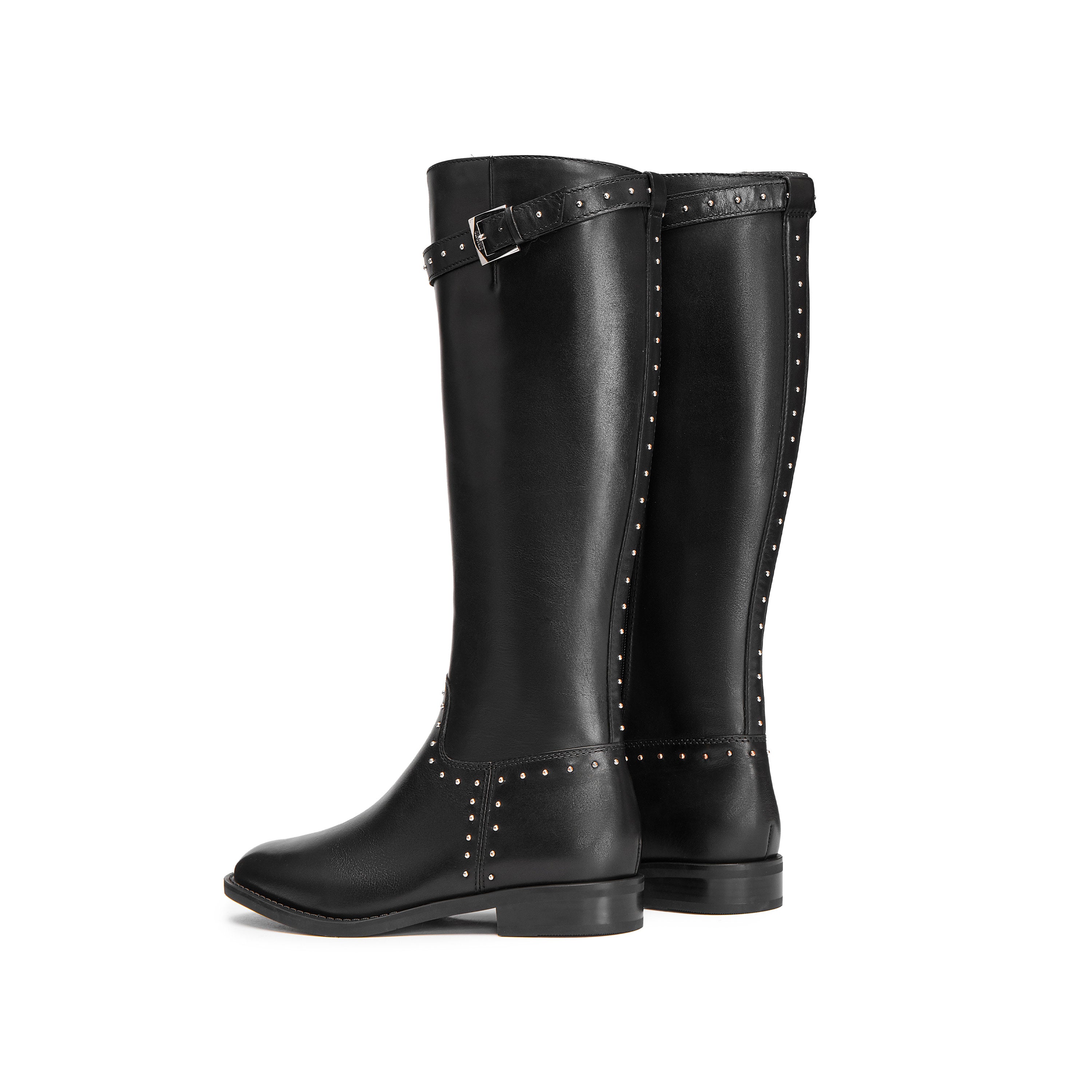 Black Leather Studs Strap High Knee Riding Boots