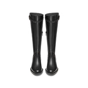 Black Leather Studs Strap High Knee Riding Boots