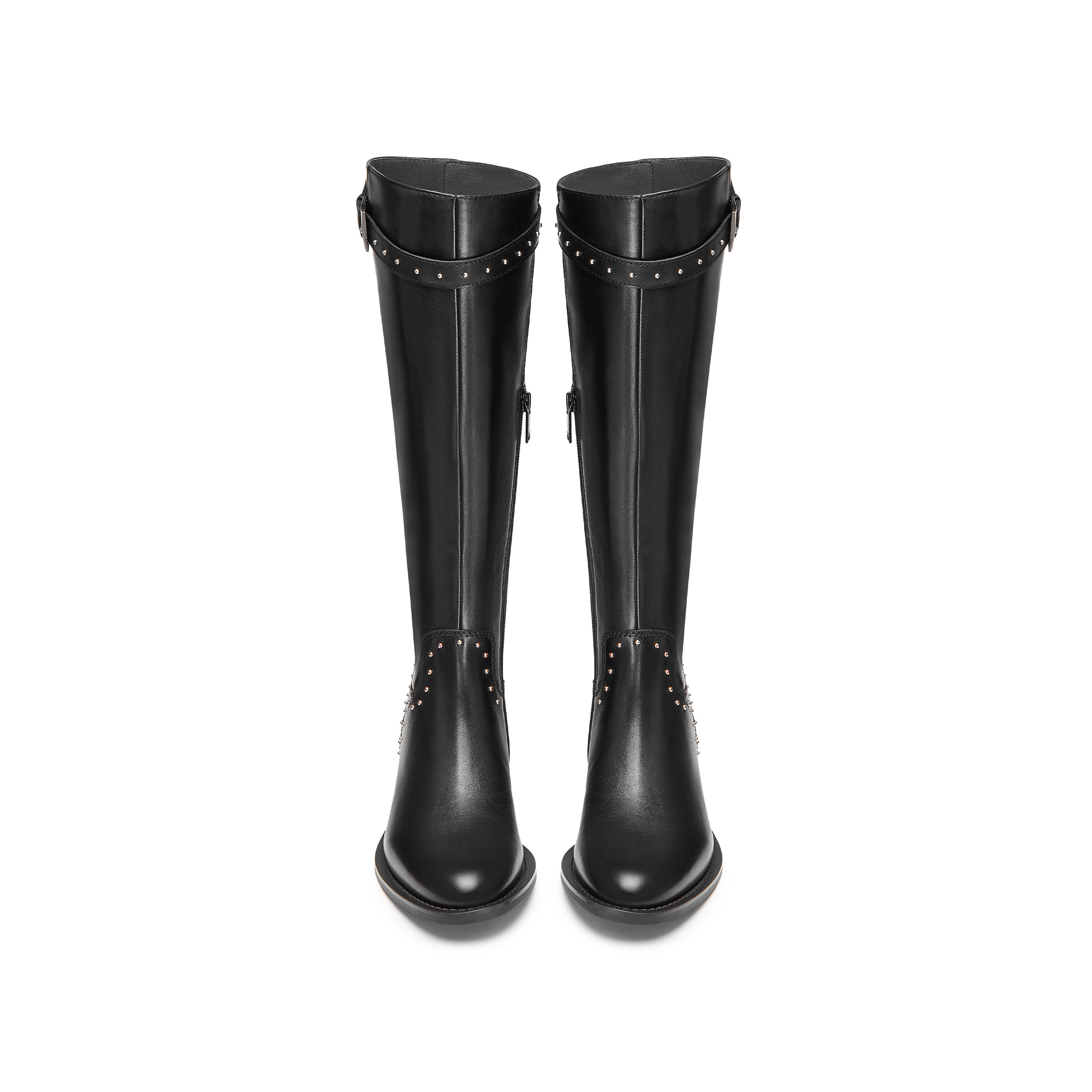Black Leather Studs Strap High Knee Riding Boots