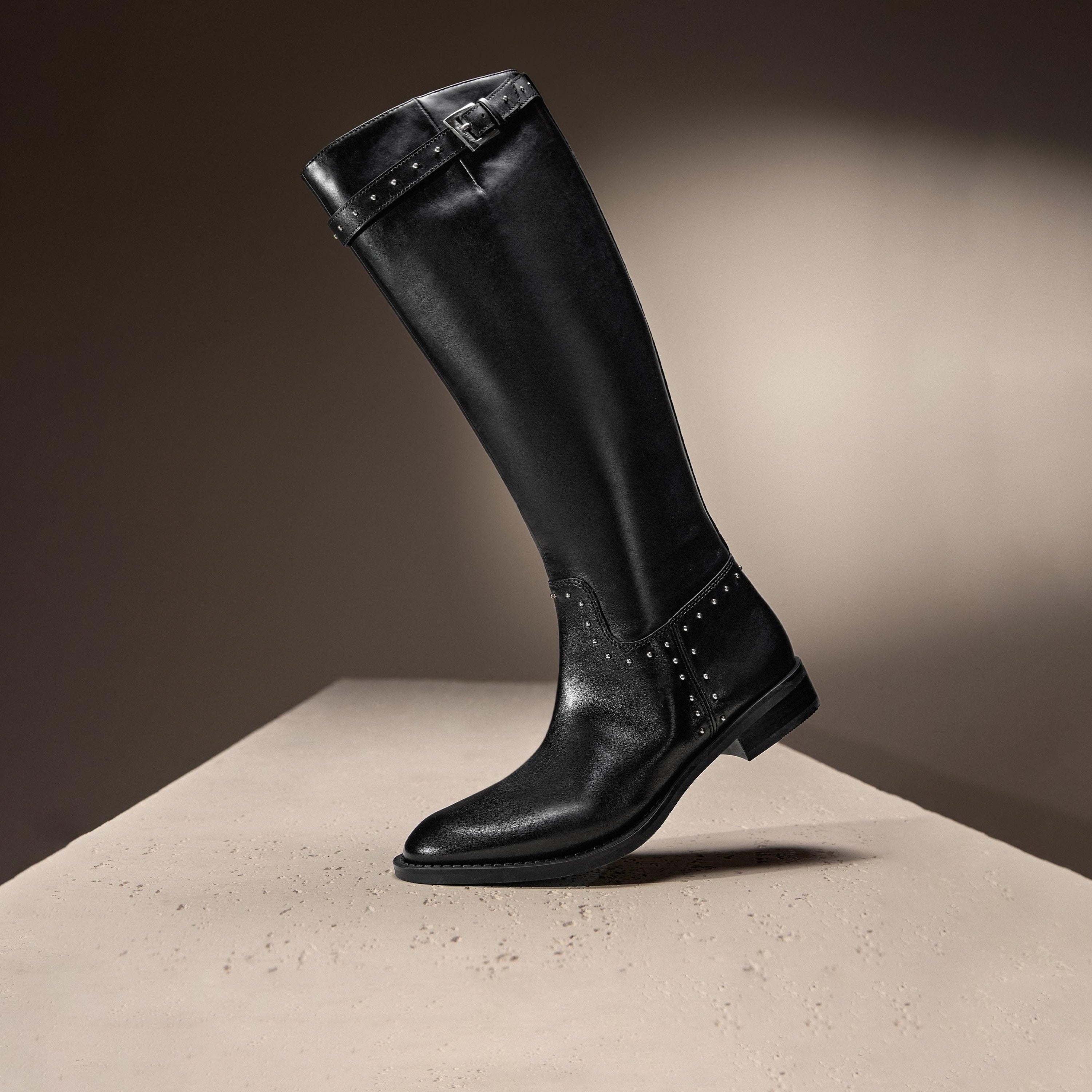 Black Leather Studs Strap High Knee Riding Boots