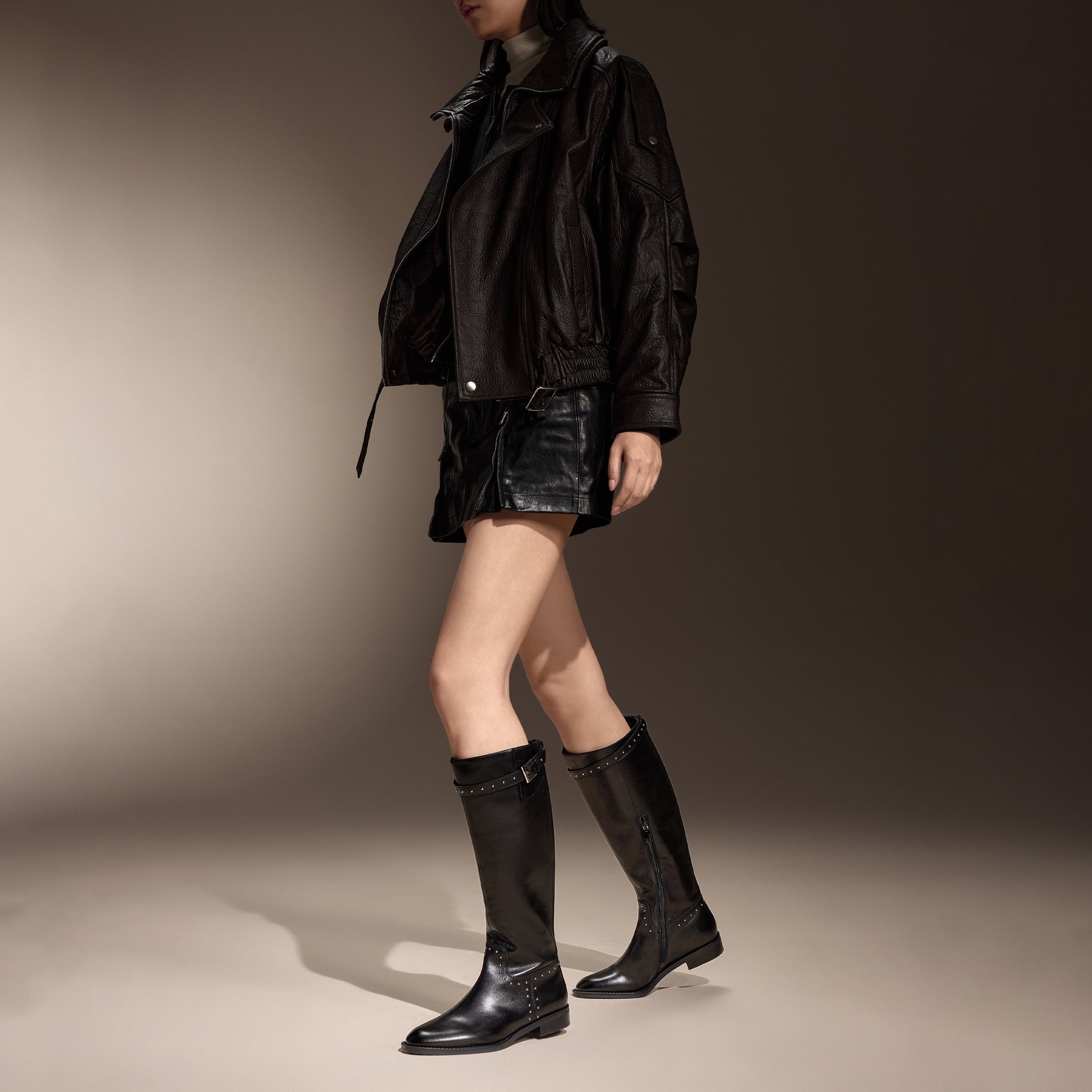Black Leather Studs Strap High Knee Riding Boots