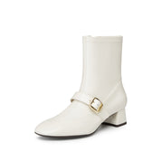 Beige Golden Buckle Softy Leather Boots