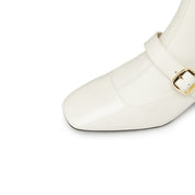 Beige Golden Buckle Softy Leather Boots