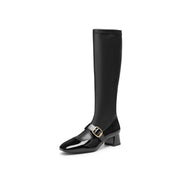 Black Golden Buckle Softy Leather Long Boots