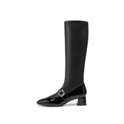 Black Golden Buckle Softy Leather Long Boots