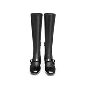 Black Golden Buckle Softy Leather Long Boots