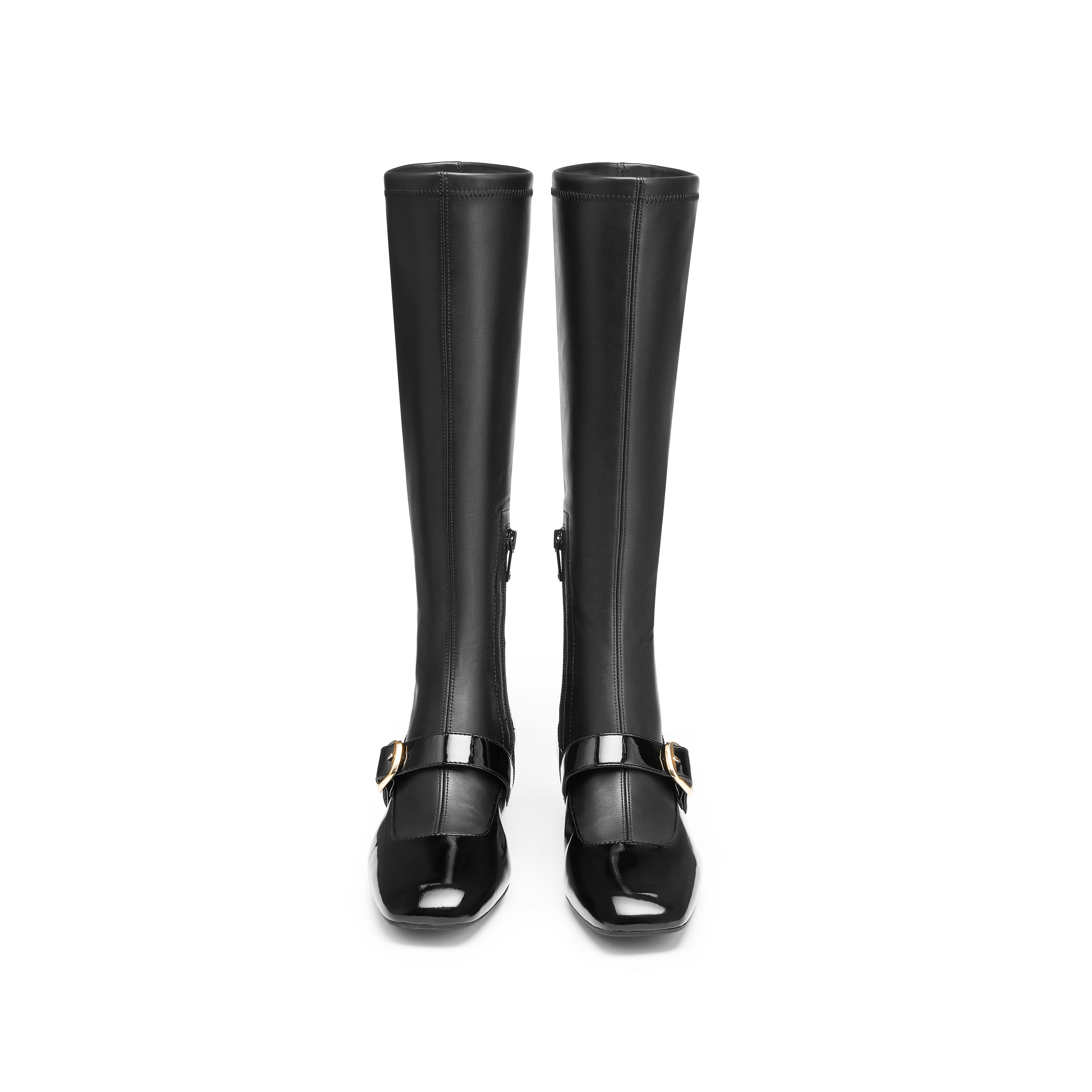 Black Golden Buckle Softy Leather Long Boots