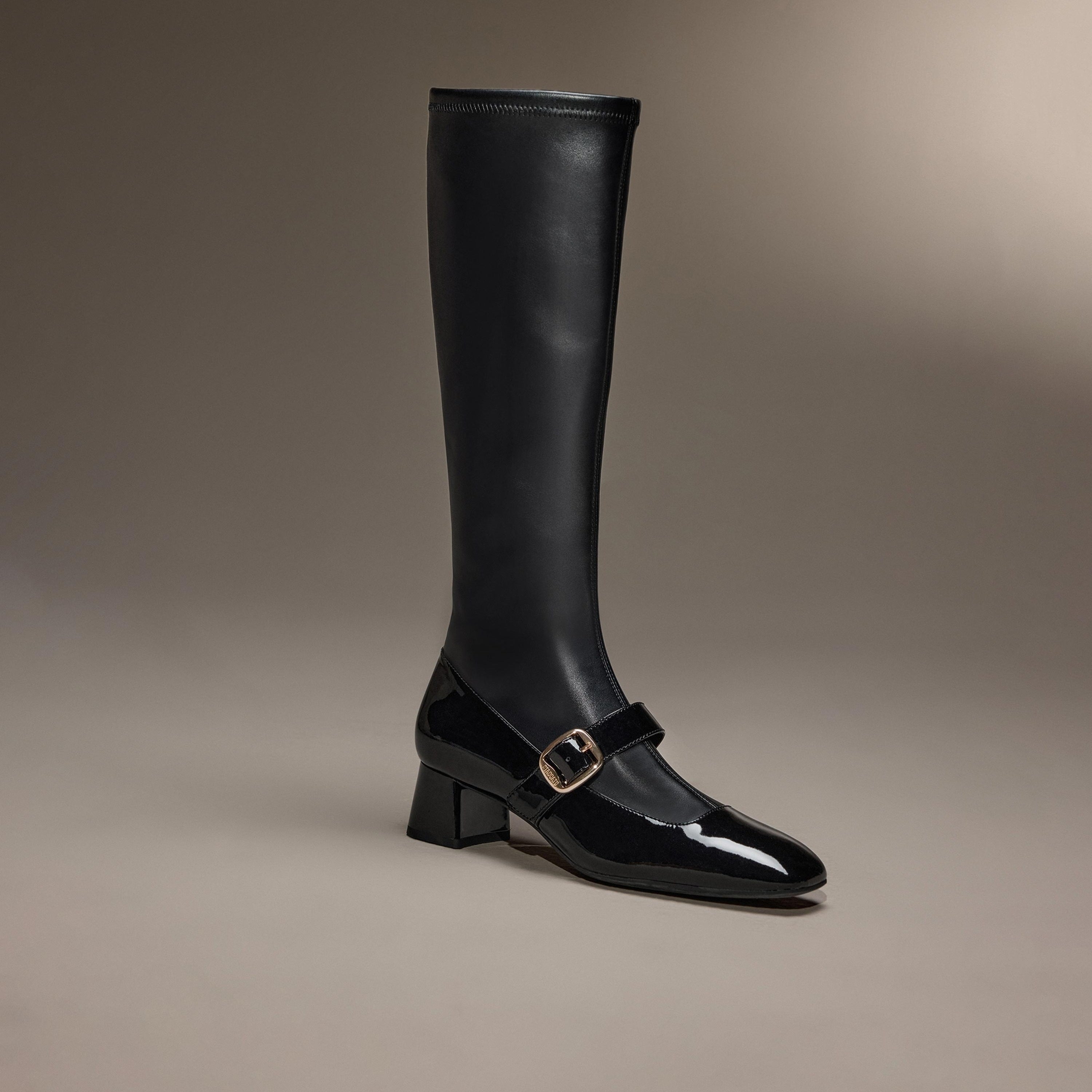 Black Golden Buckle Softy Leather Long Boots