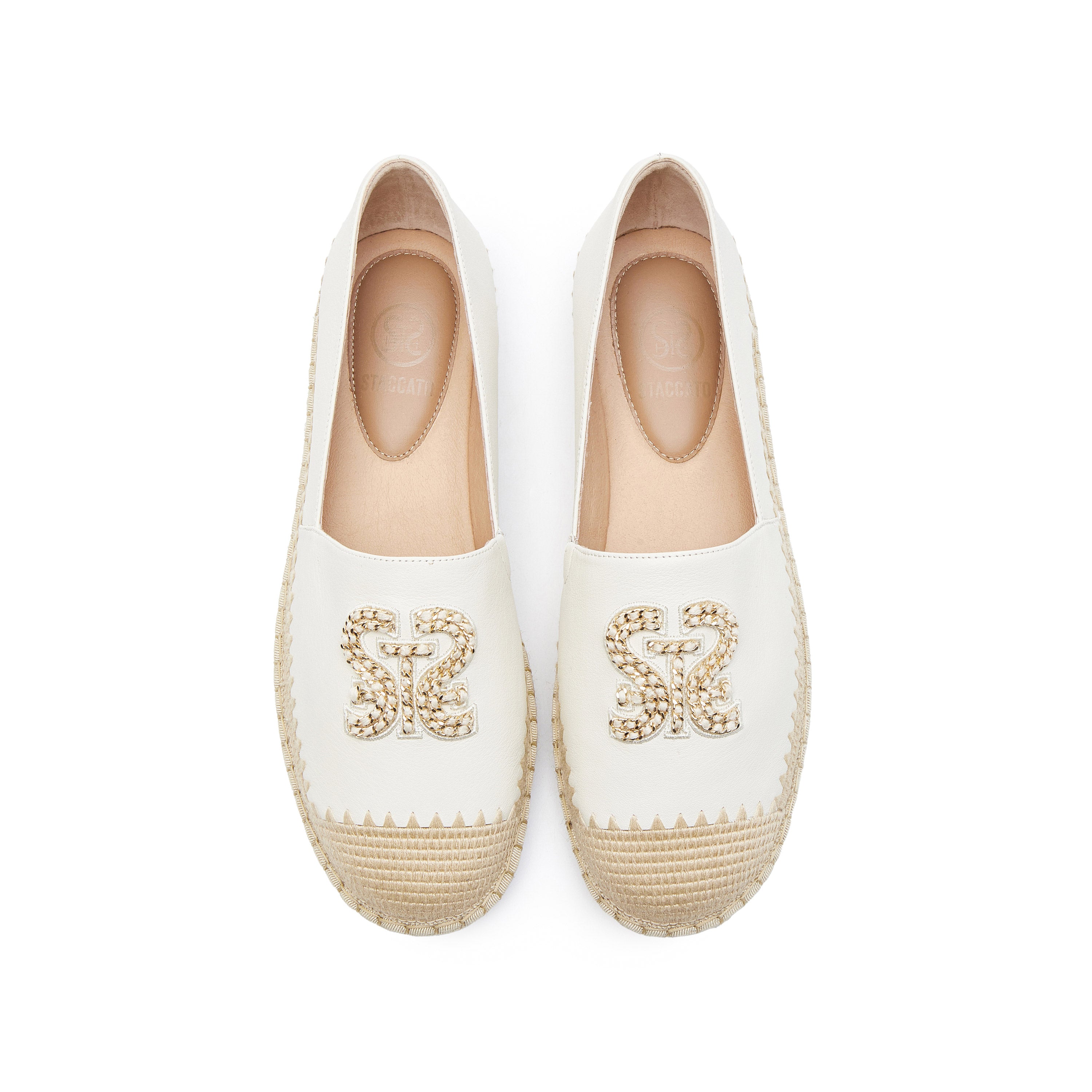 White Golden Chain Logo Leather Espadrilles