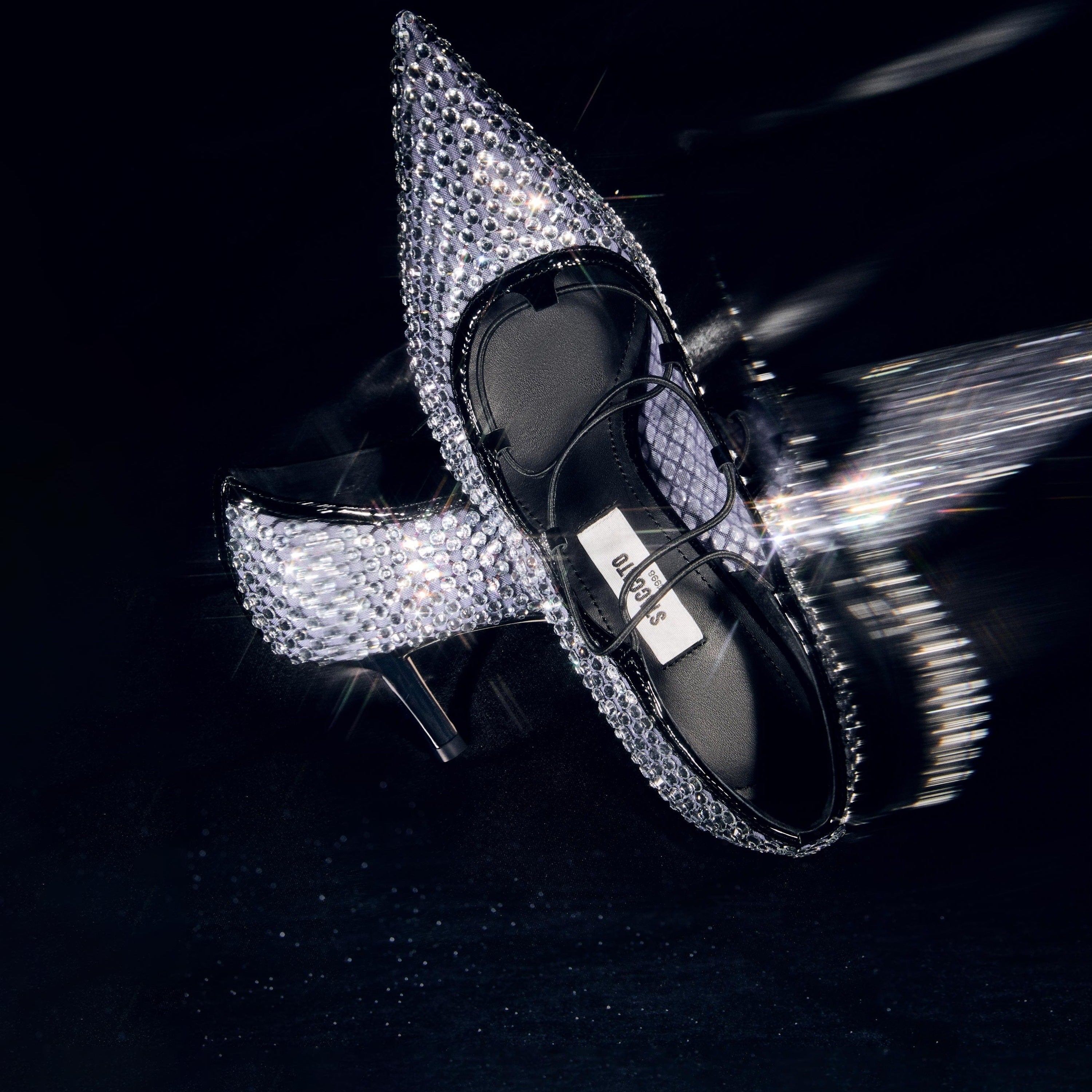 Black Mesh Crystal Embellished Heeled Pumps
