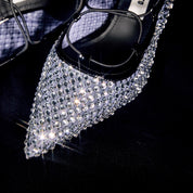 Black Mesh Crystal Embellished Heeled Pumps