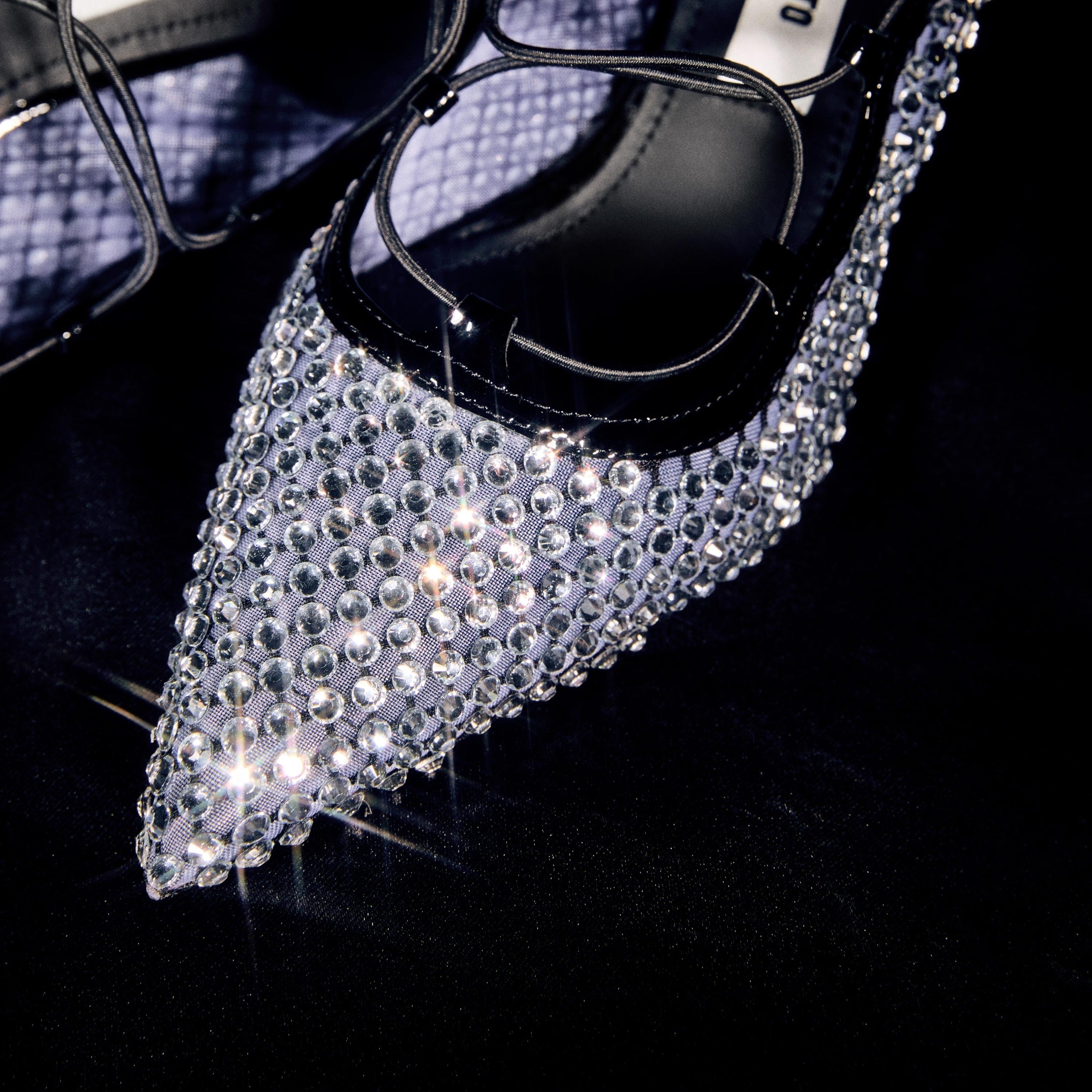 Black Mesh Crystal Embellished Heeled Pumps