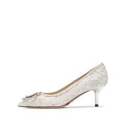 White Crystal Buckle Lace Heeled Pumps