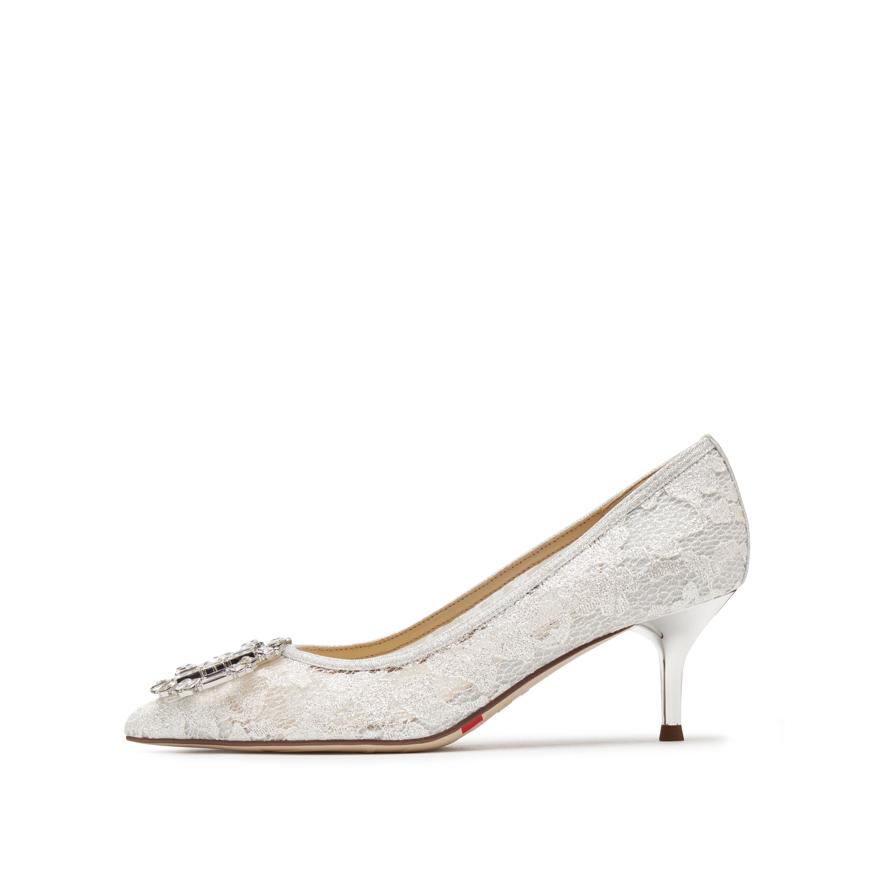 White Crystal Buckle Lace Heeled Pumps