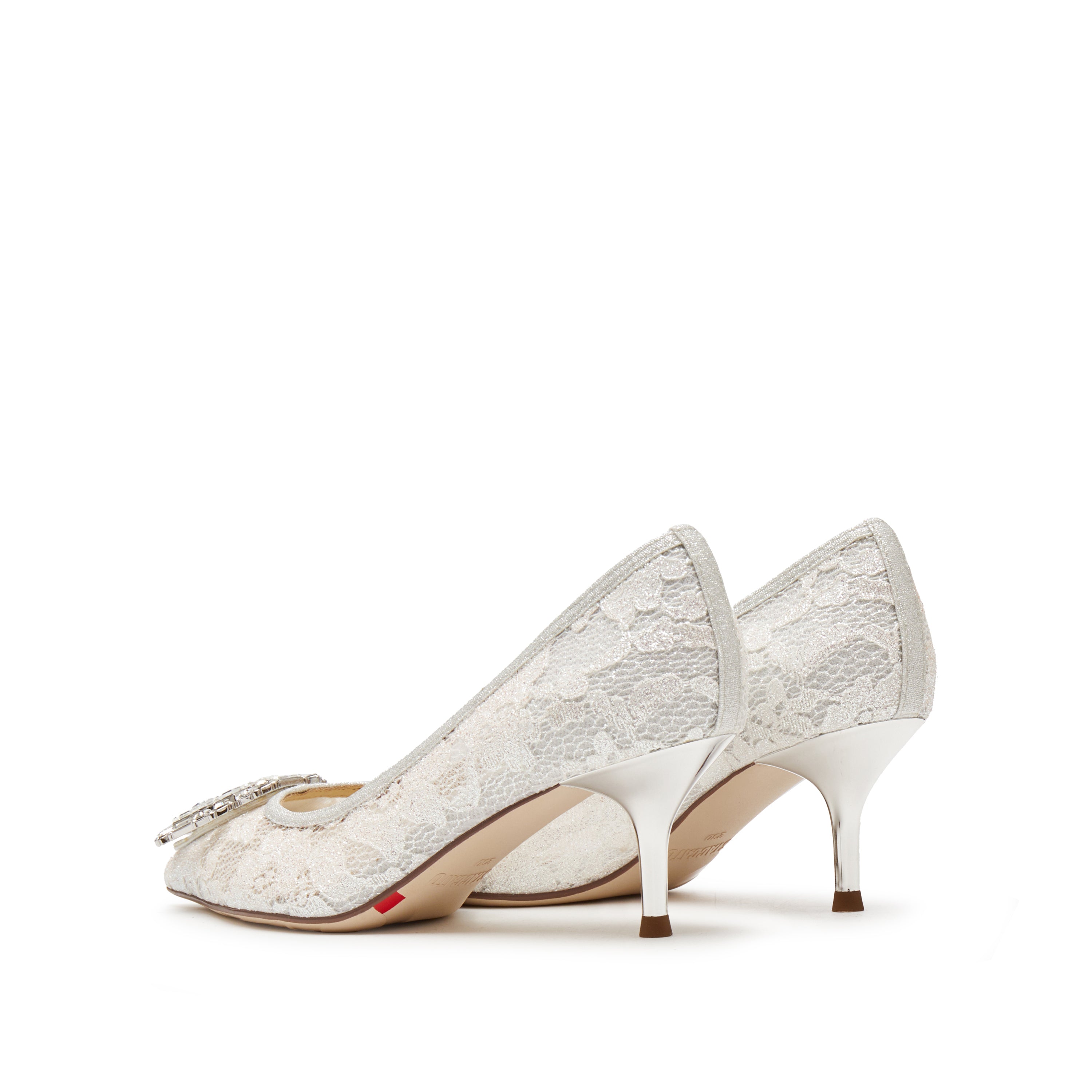 White Crystal Buckle Lace Heeled Pumps