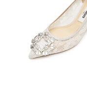 White Crystal Buckle Lace Heeled Pumps