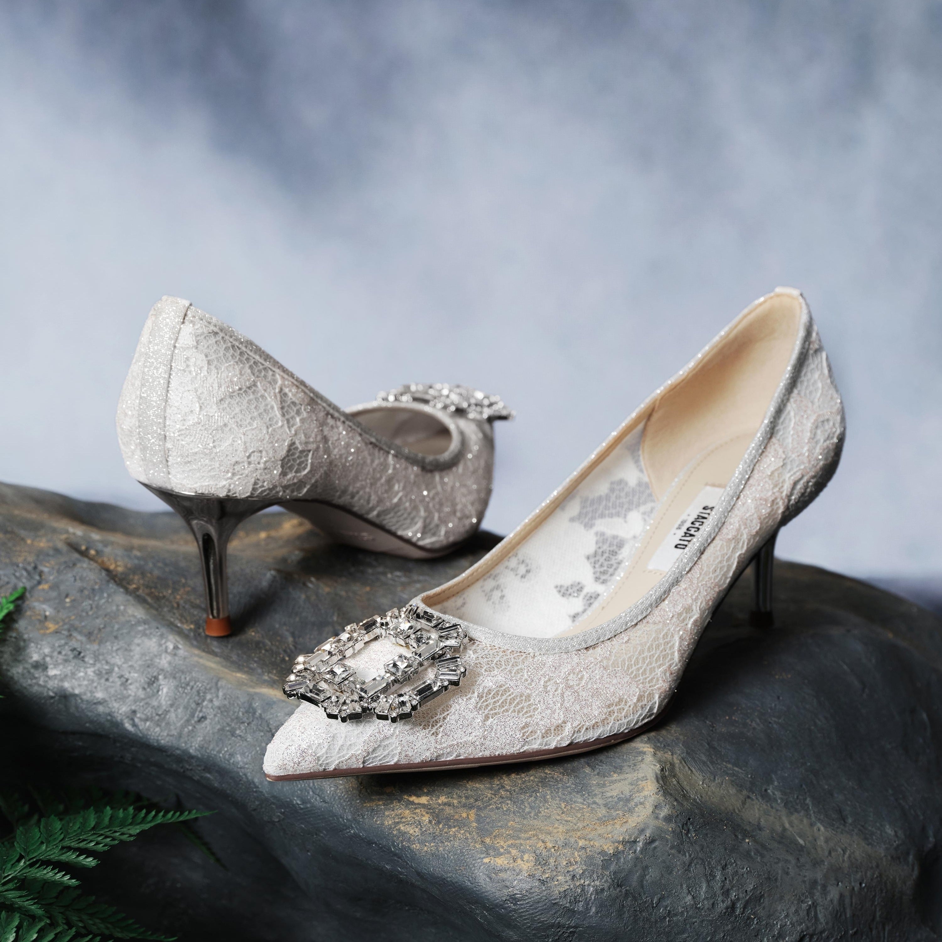 White Crystal Buckle Lace Heeled Pumps
