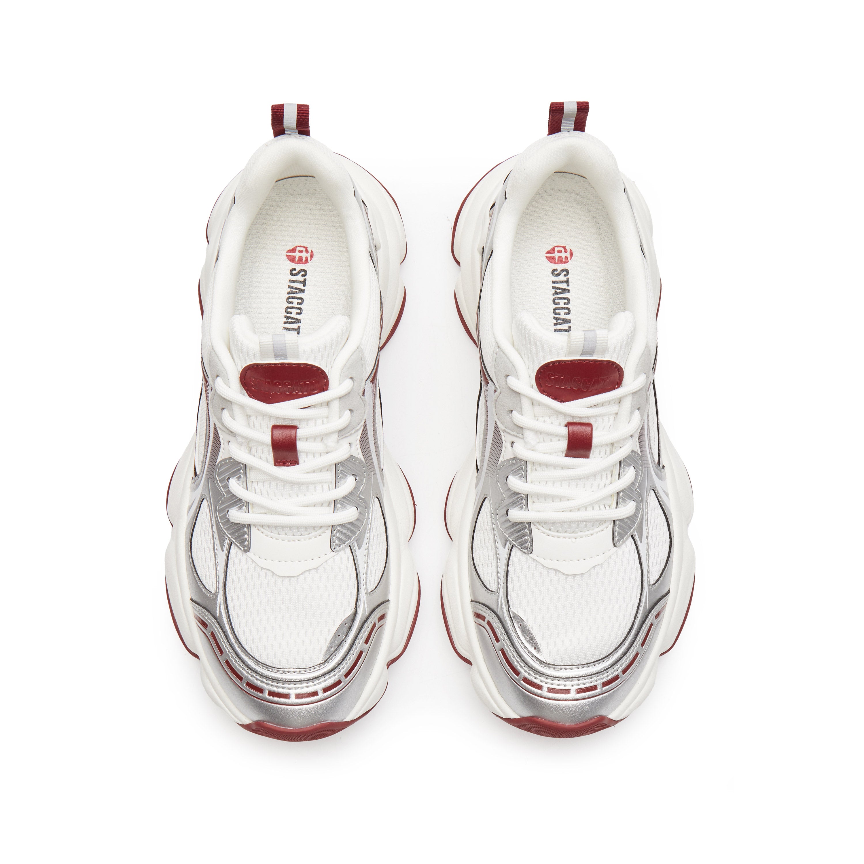 Silvery Red Meashed Lace Up Chunky Sneakers