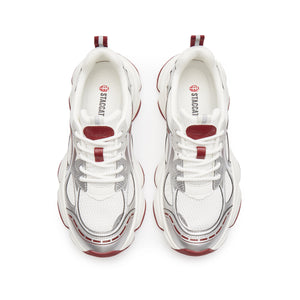 Silvery Red Meashed Lace Up Chunky Sneakers