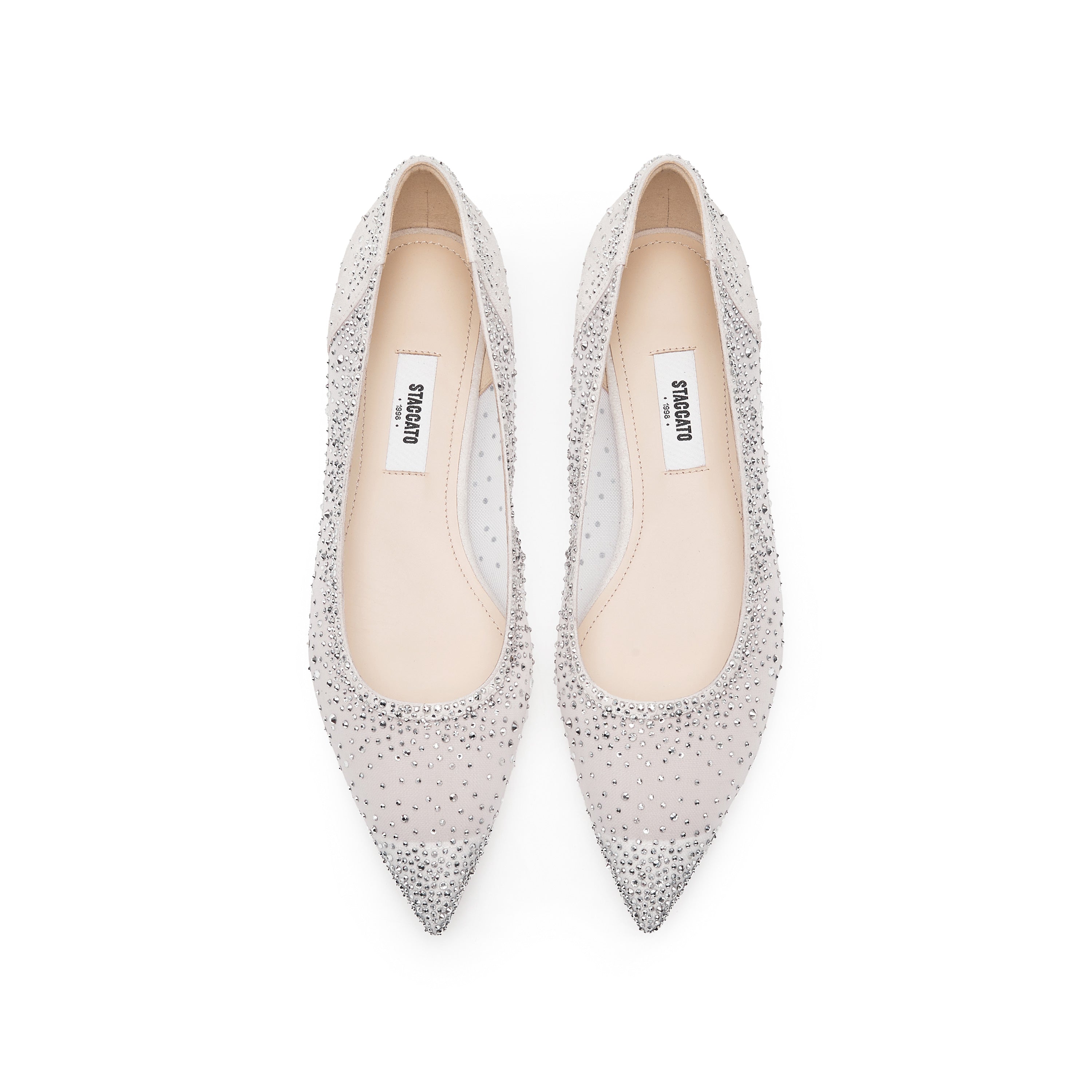 White Crystal-embellished Mesh Pointy Flats