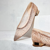 White Crystal-embellished Mesh Pointy Flats