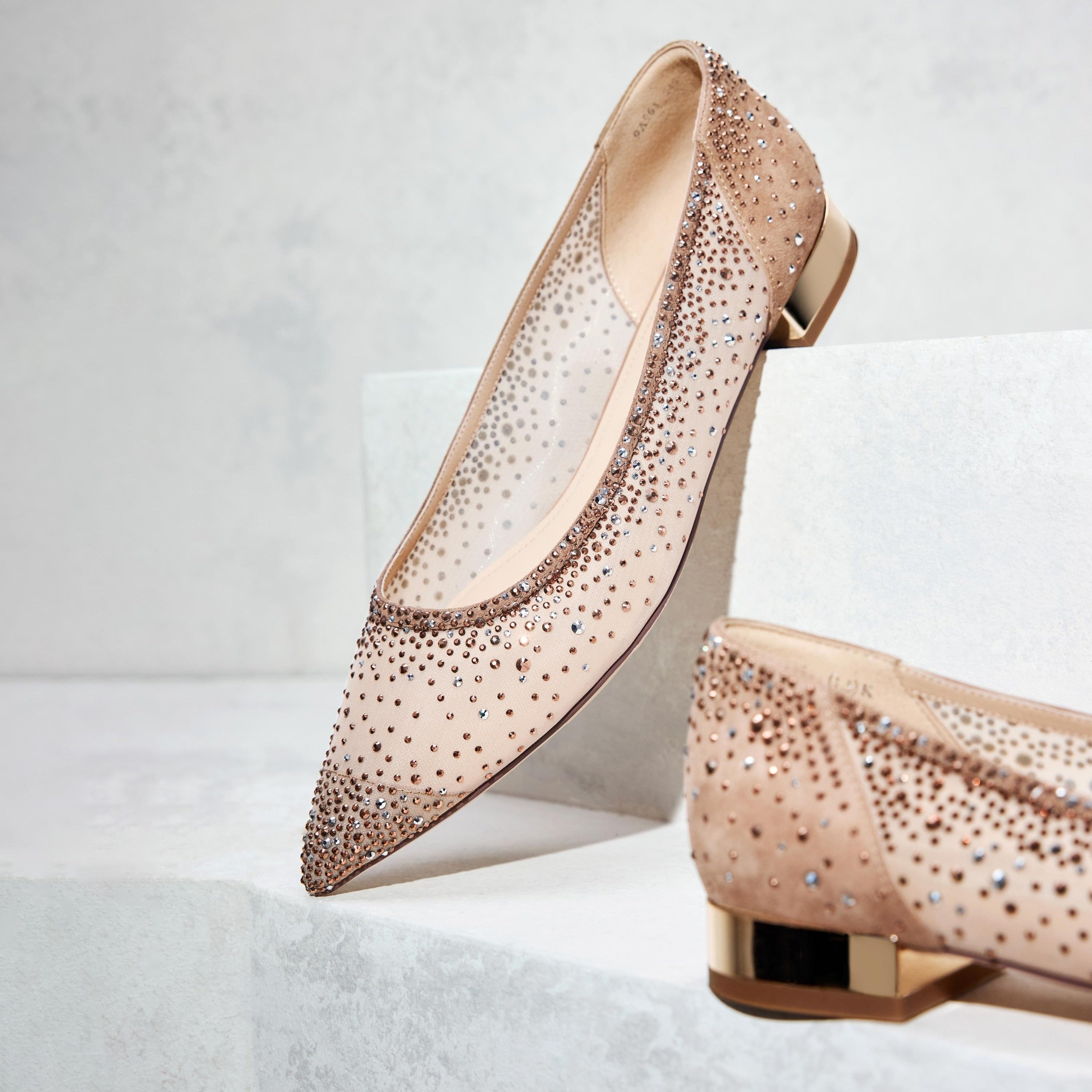 White Crystal-embellished Mesh Pointy Flats