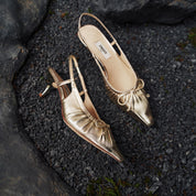 Beige Bow Slingback Leather Pumps