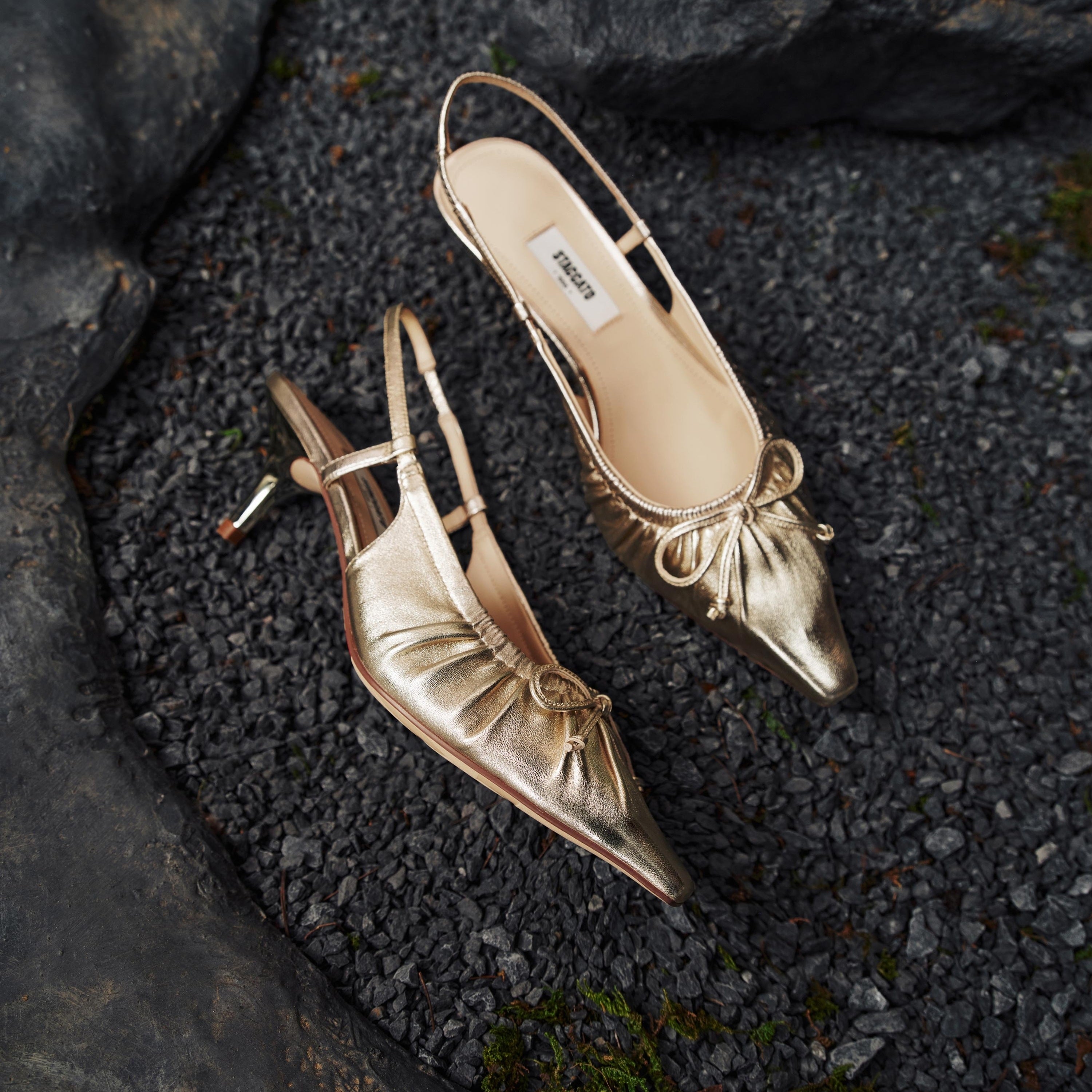Beige Bow Slingback Leather Pumps
