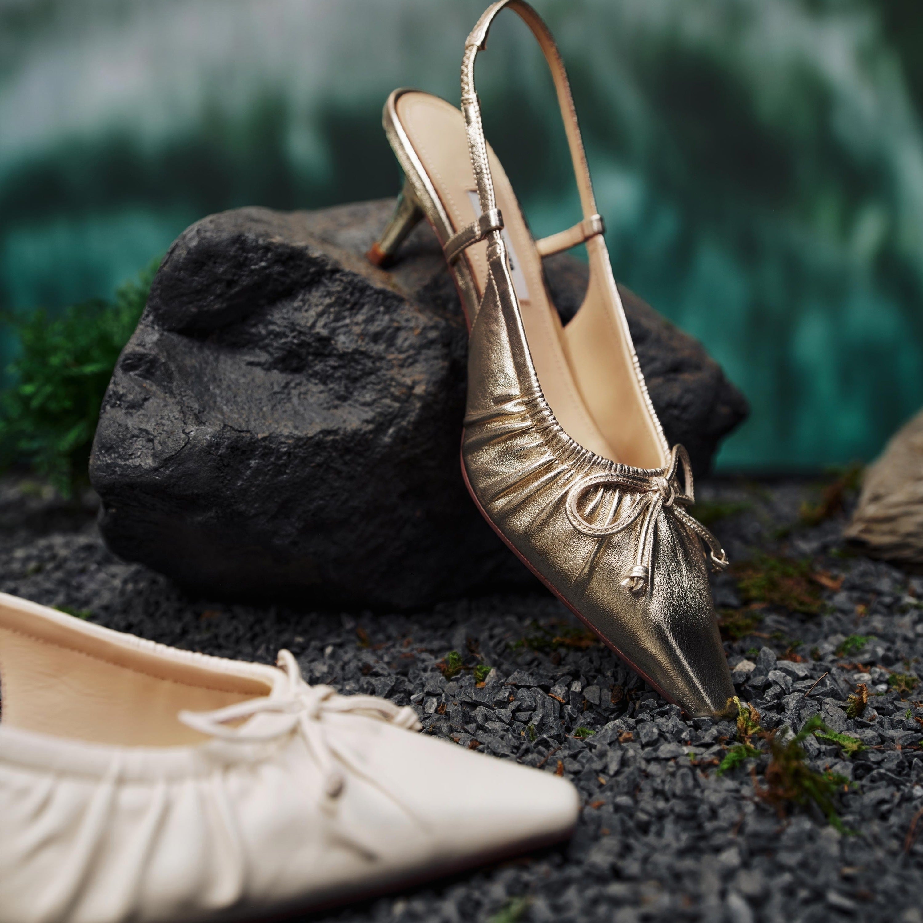 Beige Bow Slingback Leather Pumps