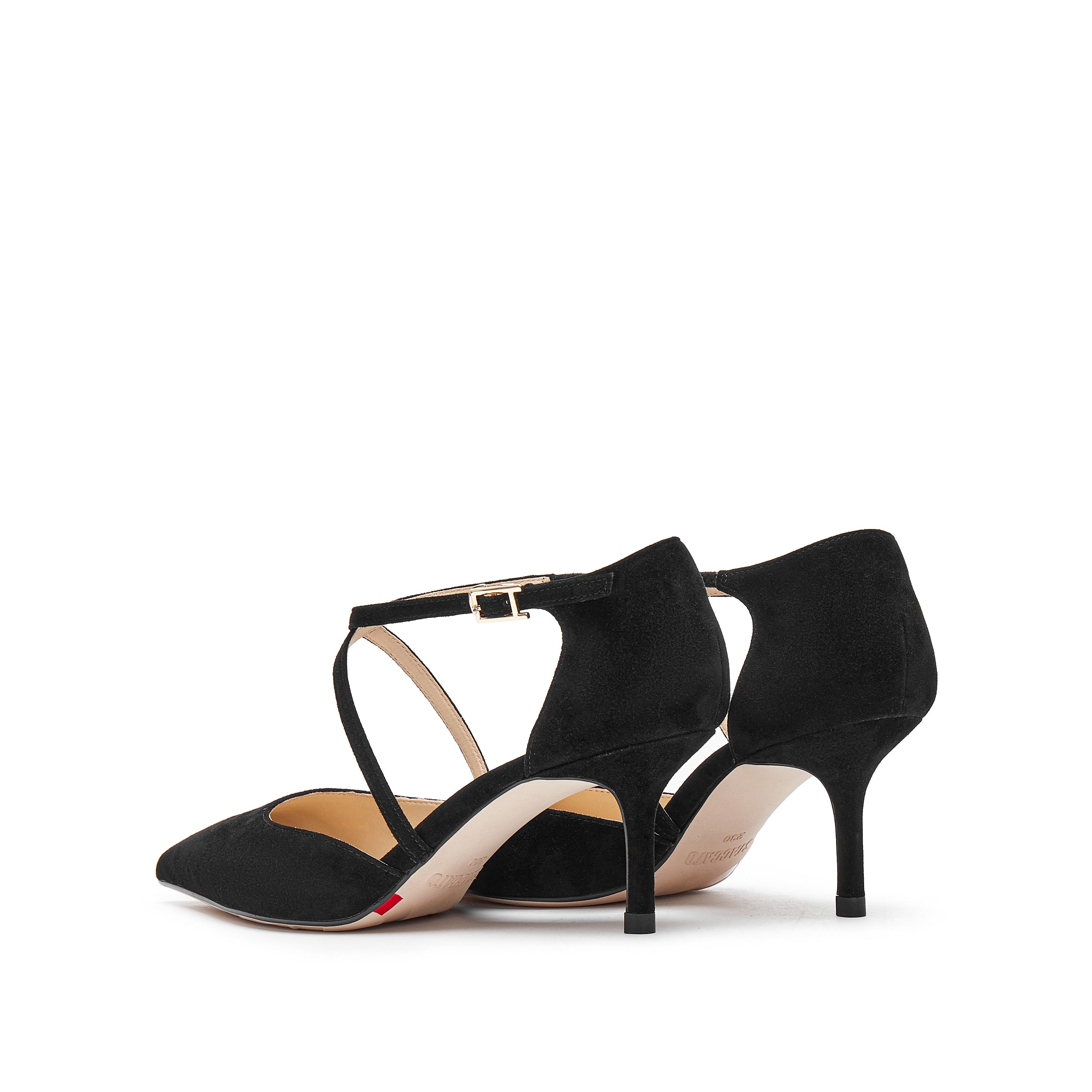 Black Cross Strap Pointy Suede Pumps