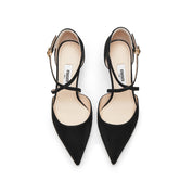Black Cross Strap Pointy Suede Pumps