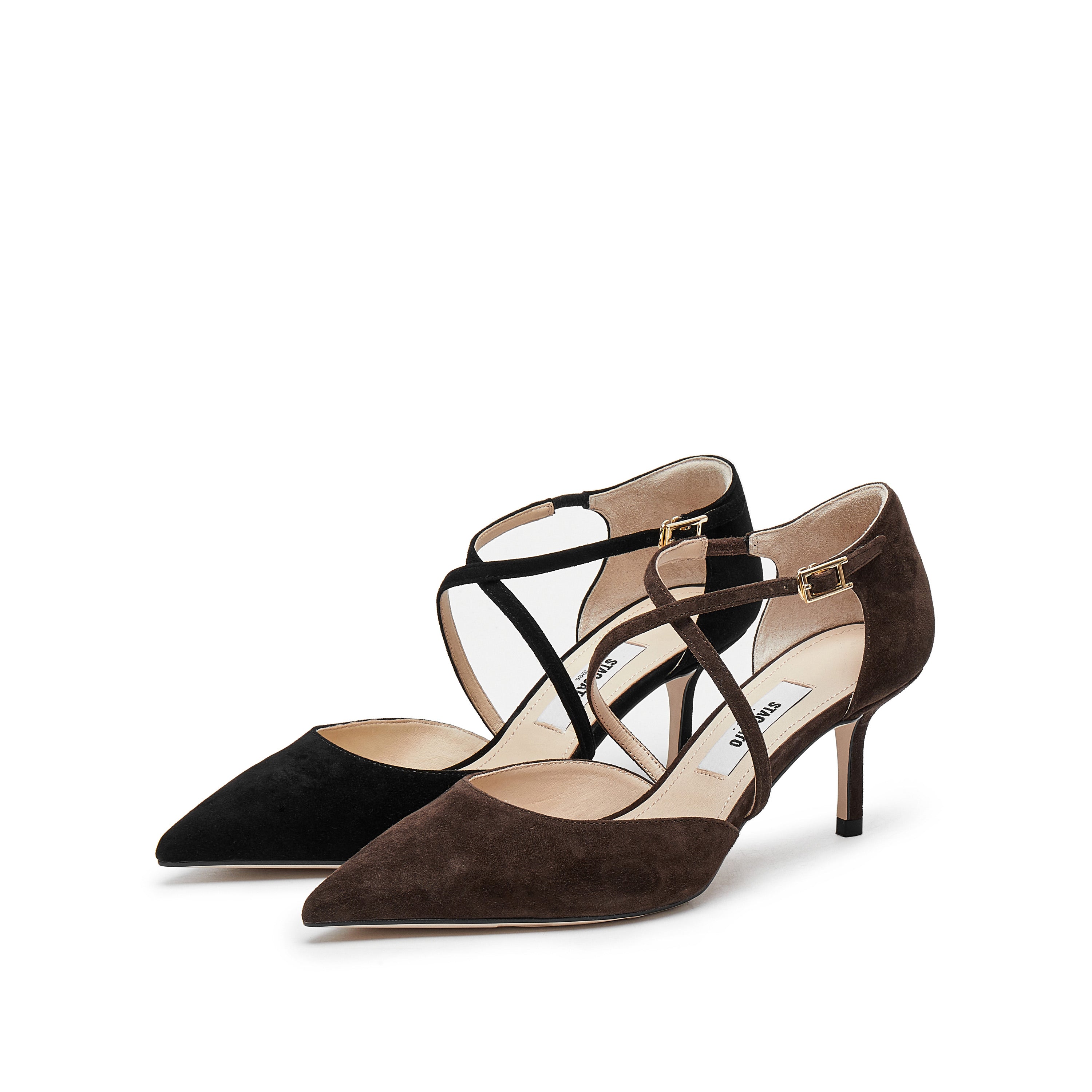 Black Cross Strap Pointy Suede Pumps