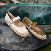 Beige Crystal Buckle Mary Jane Espadrilles