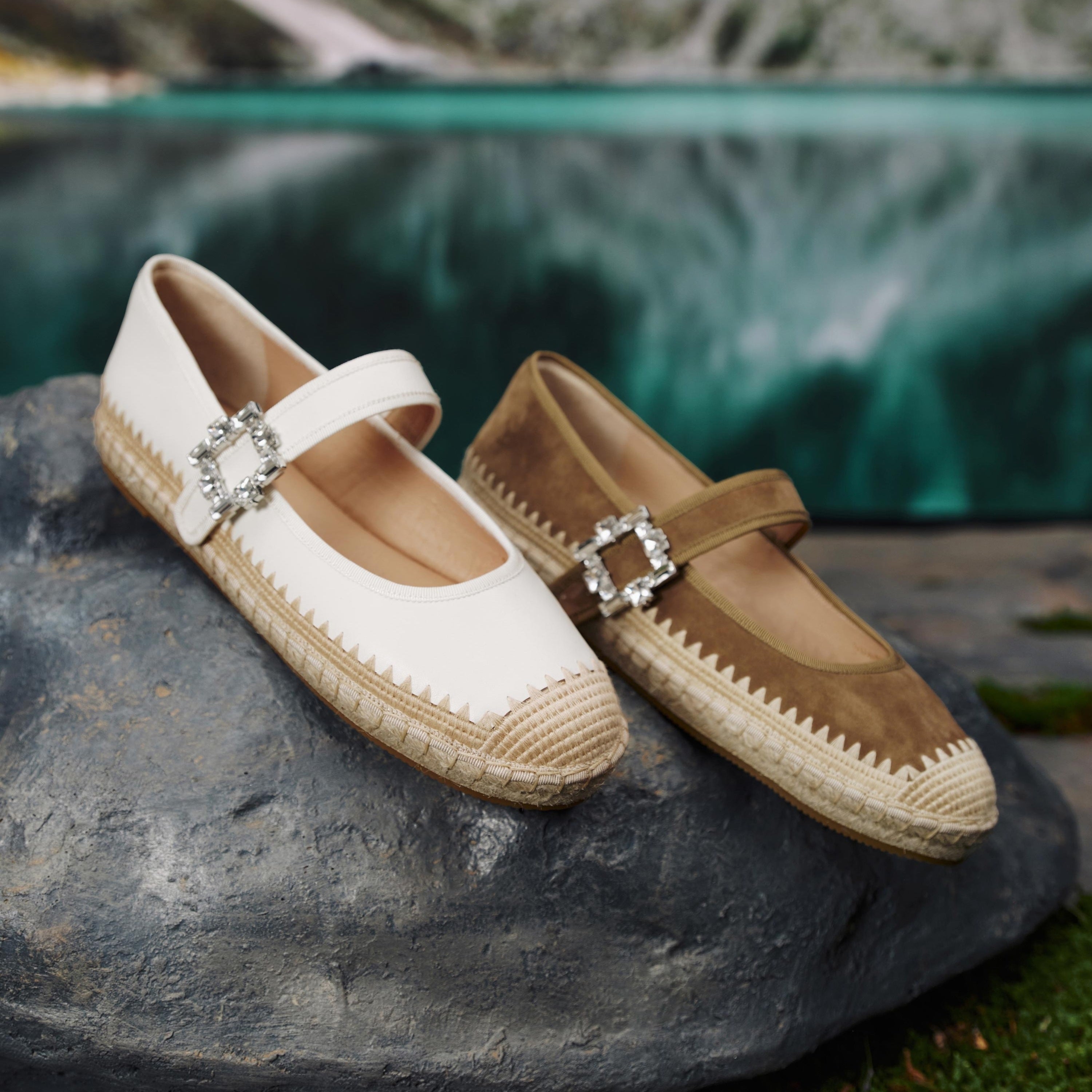 Beige Crystal Buckle Mary Jane Espadrilles