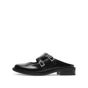 Black Leather Crystal Buckle Slip On Loafers