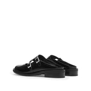 Black Leather Crystal Buckle Slip On Loafers