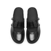 Black Leather Crystal Buckle Slip On Loafers