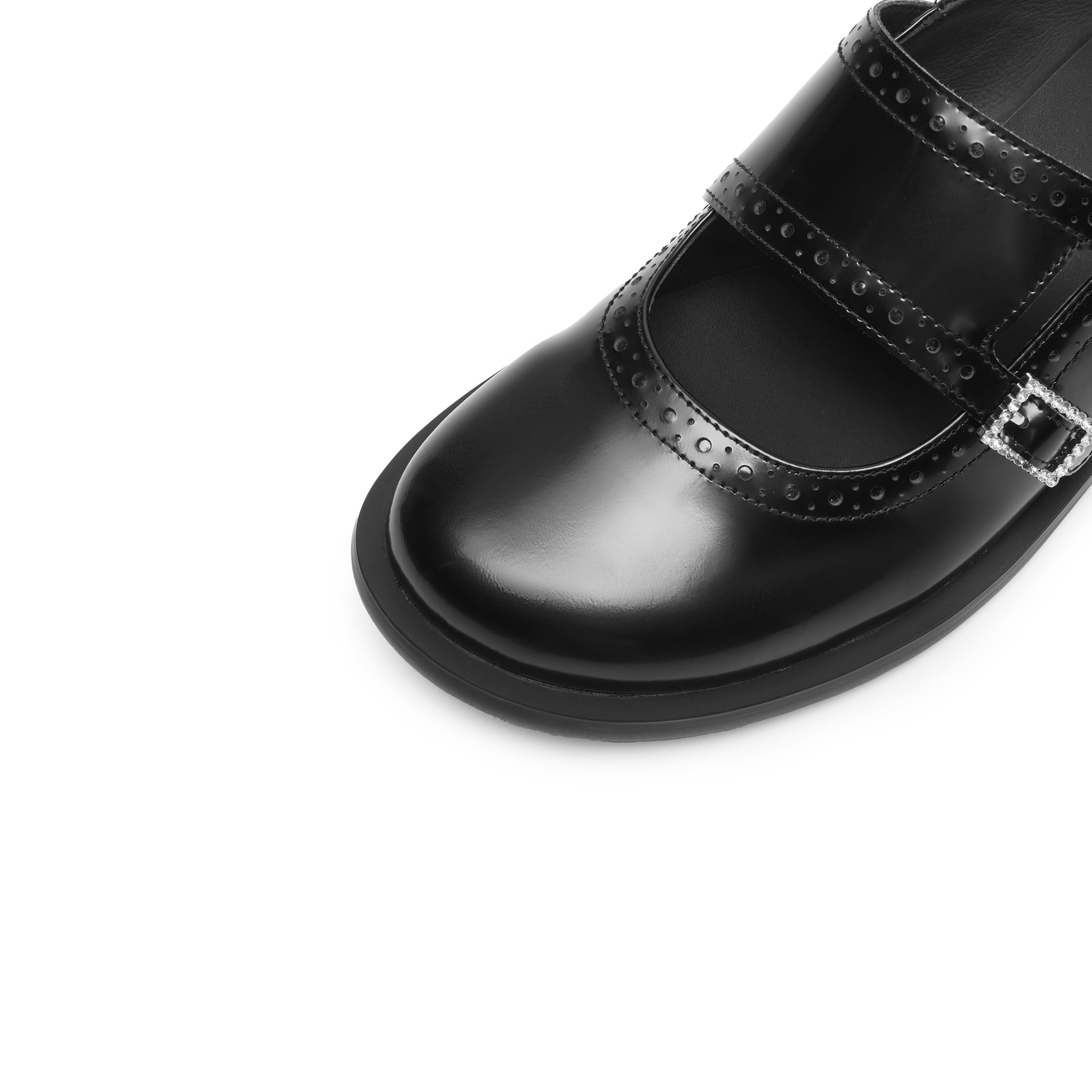 Black Leather Crystal Buckle Slip On Loafers