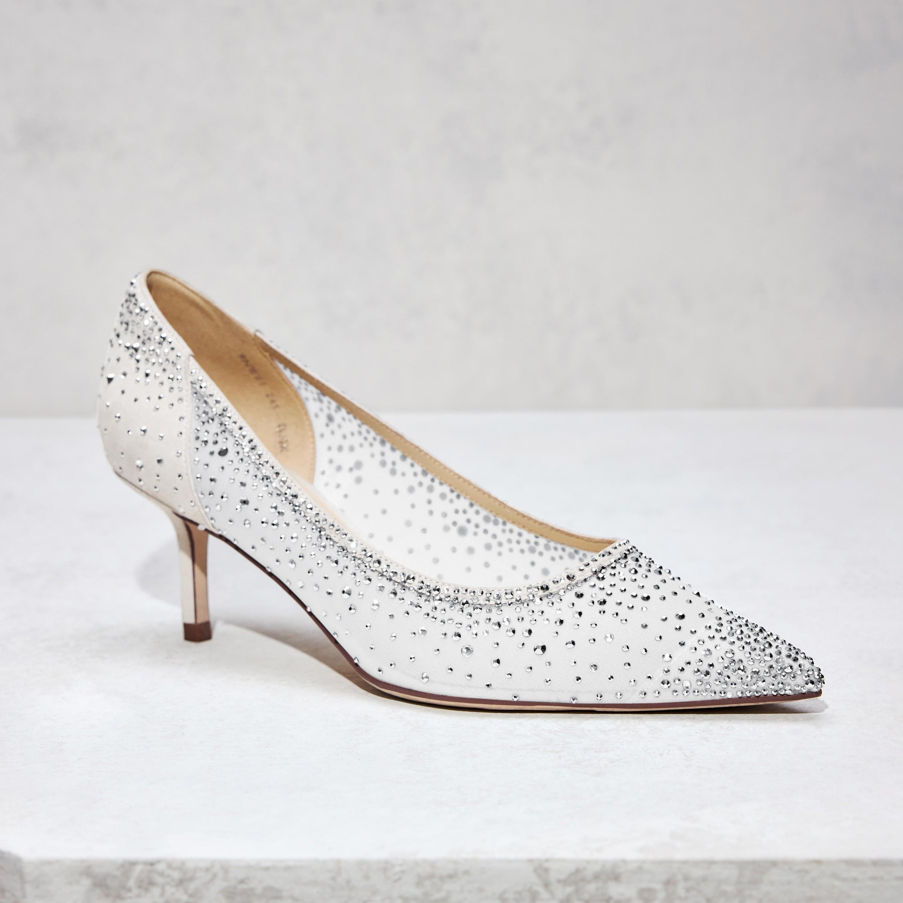 White Crystal-embellished Mesh Pumps