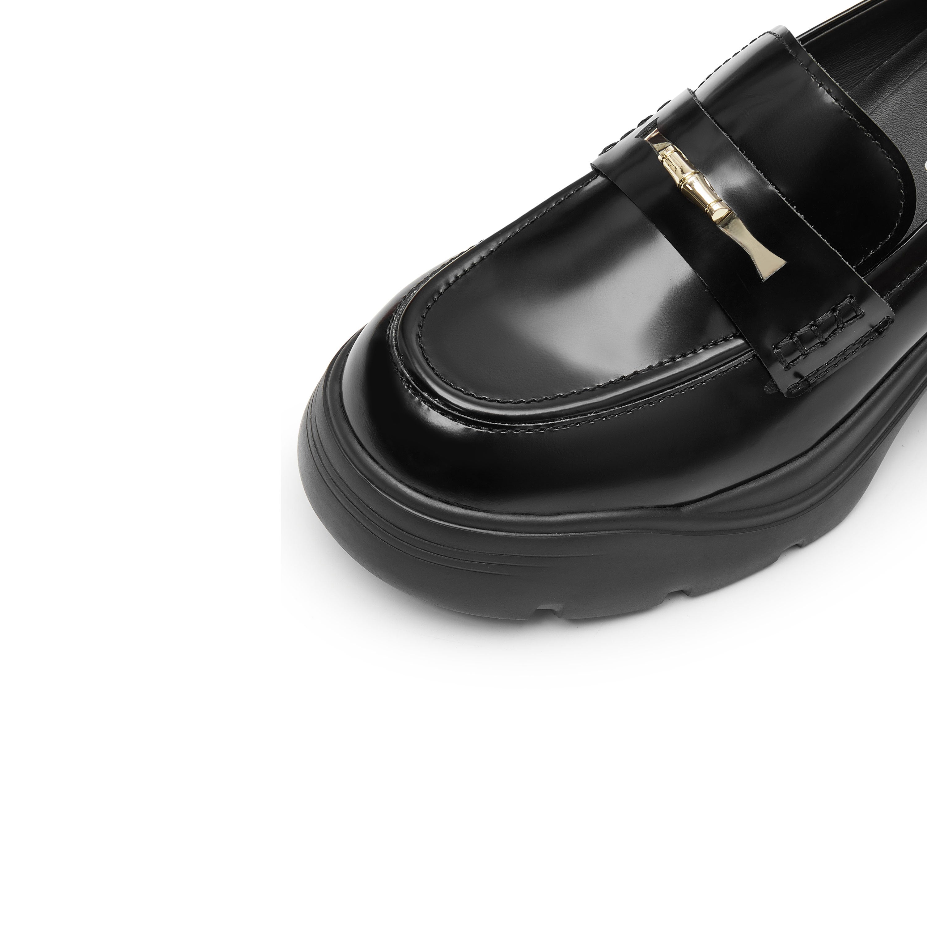 Black Golden Bamboo Platform Leather Loafers