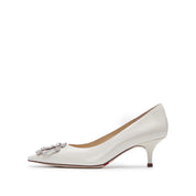 White Crystal Buckle Leather Heeled Pumps