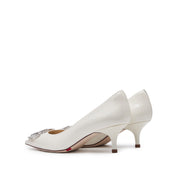 White Crystal Buckle Leather Heeled Pumps