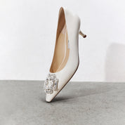 White Crystal Buckle Leather Heeled Pumps