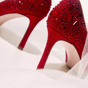 Red Crystal Embellished Pointed Heeled Pumps