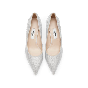 White Crystal Embellished Pointed Heeled Pumps