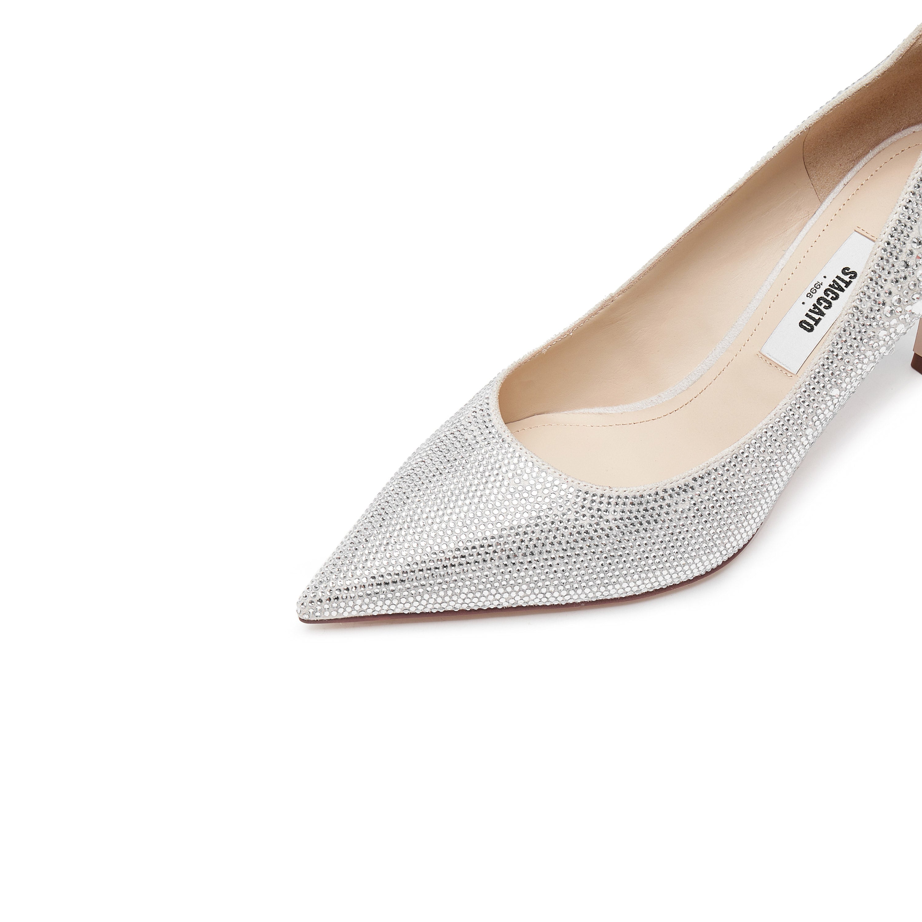 White Crystal Embellished Pointed Heeled Pumps